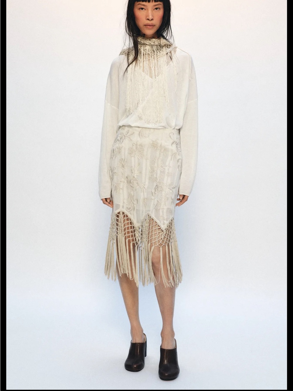 Zara ZW collection embroidered Fringed Skirt 7521/065/712